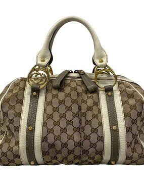 GUCCI GG 223953 Dark Brown Beige Cream Jacquard Leather Handbag